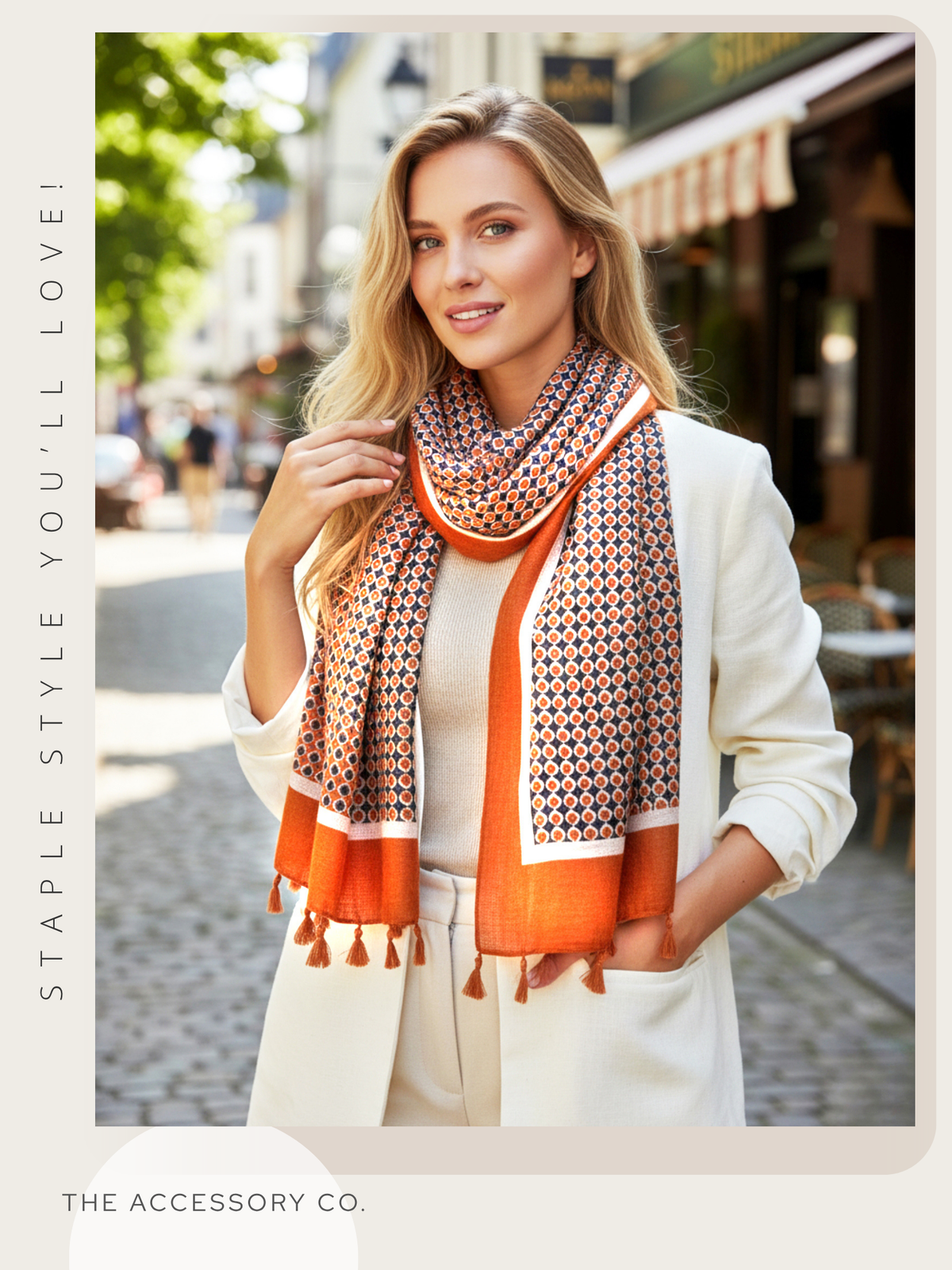 LARGE ORANGE DIAMOND PRINT SHAWL SCARF WITH TASSELS - A-SHU.CO.UK