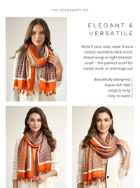 LARGE ORANGE DIAMOND PRINT SHAWL SCARF WITH TASSELS - A-SHU.CO.UK