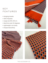 LARGE ORANGE DIAMOND PRINT SHAWL SCARF WITH TASSELS - A-SHU.CO.UK