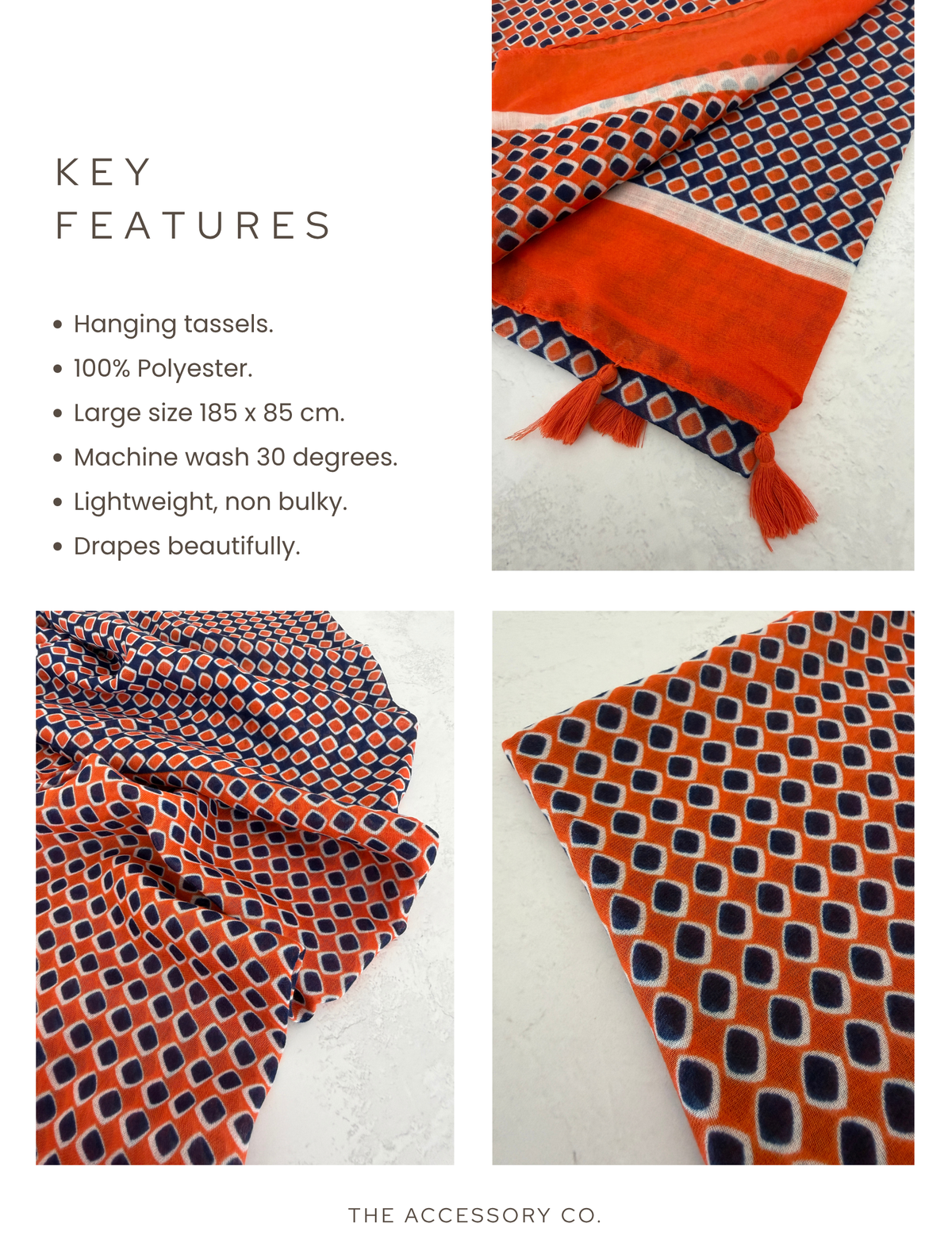 LARGE ORANGE DIAMOND PRINT SHAWL SCARF WITH TASSELS - A-SHU.CO.UK