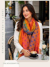 LARGE ORANGE MULTI-COLOUR DOT PRINT PASHMINA SHAWL SCARF - A-SHU.CO.UK