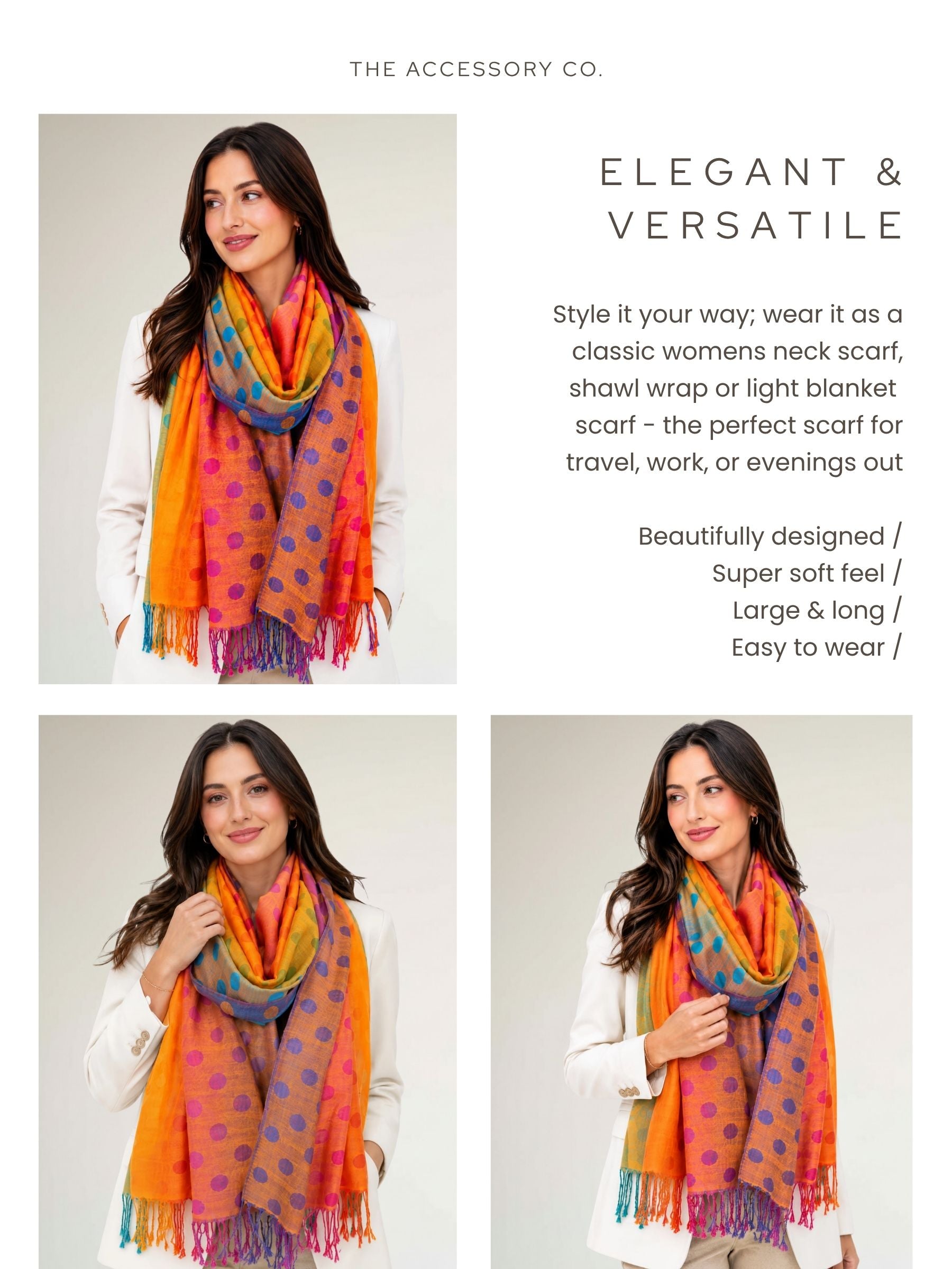 LARGE ORANGE MULTI-COLOUR DOT PRINT PASHMINA SHAWL SCARF - A-SHU.CO.UK