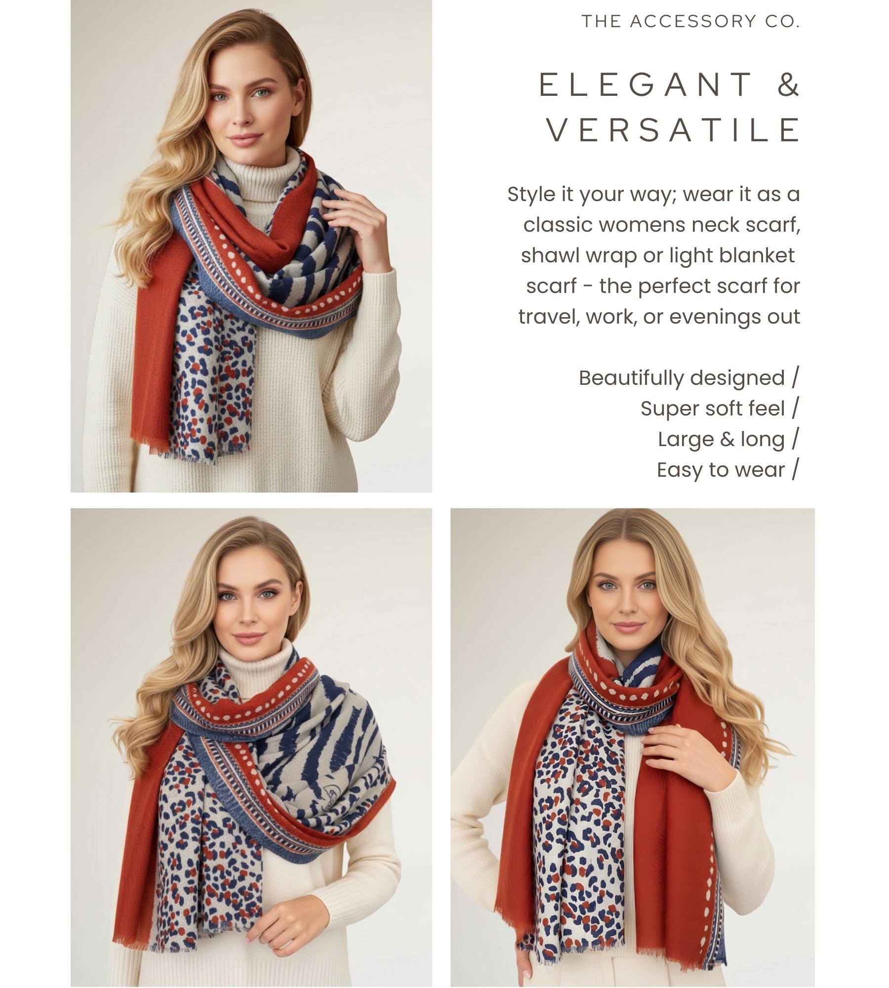 LARGE ORANGE RUST TIGER AND LEOPARD PRINT SHAWL SCARF