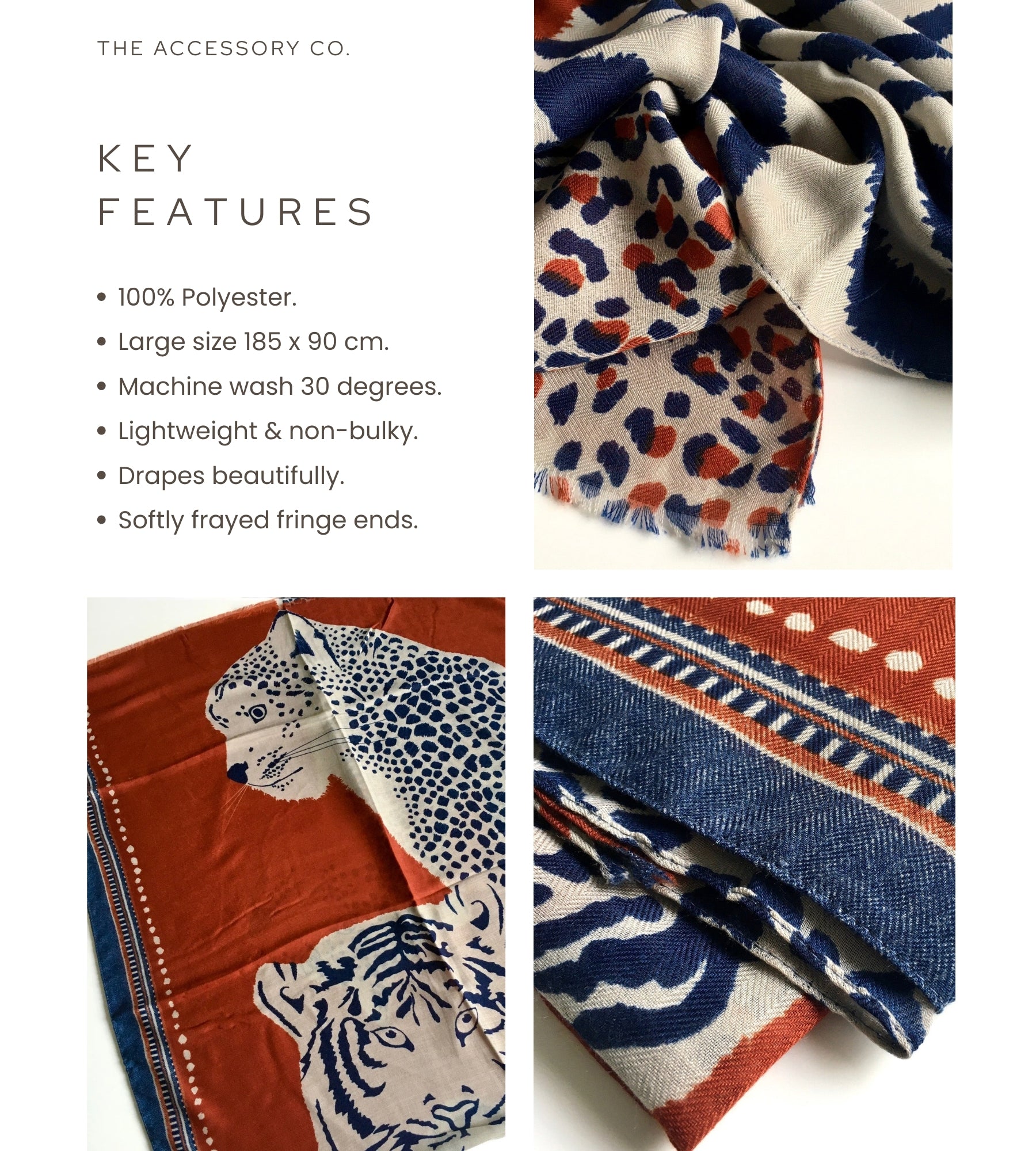 LARGE ORANGE RUST TIGER AND LEOPARD PRINT SHAWL SCARF