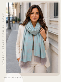 LARGE PASTEL BLUE FLORAL DAISY PRINT GEOMETRIC REVERSIBLE PASHMINA SHAWL SCARF - A-SHU.CO.UK