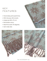 LARGE PASTEL BLUE FLORAL DAISY PRINT GEOMETRIC REVERSIBLE PASHMINA SHAWL SCARF - A-SHU.CO.UK