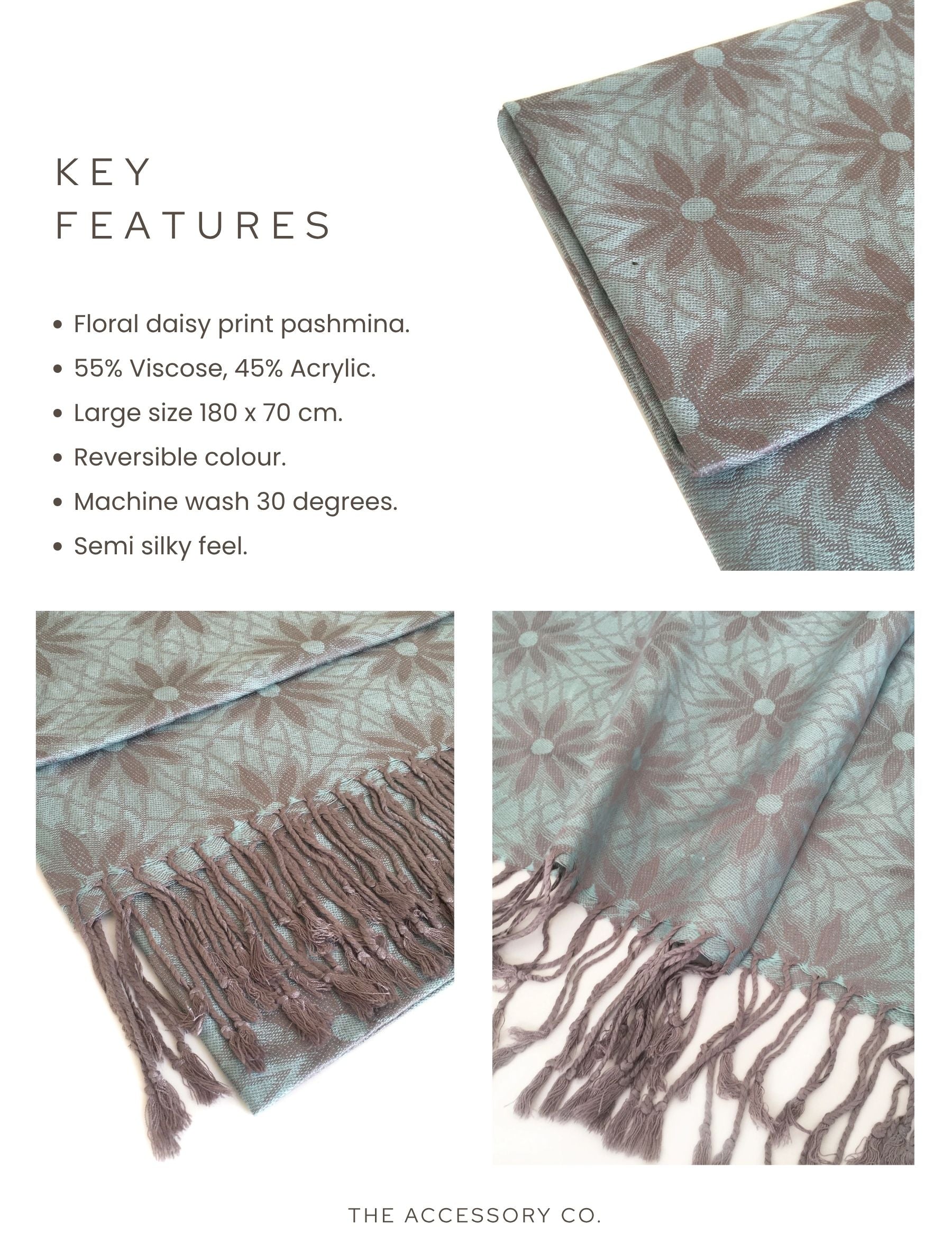 LARGE PASTEL BLUE FLORAL DAISY PRINT GEOMETRIC REVERSIBLE PASHMINA SHAWL SCARF - A-SHU.CO.UK