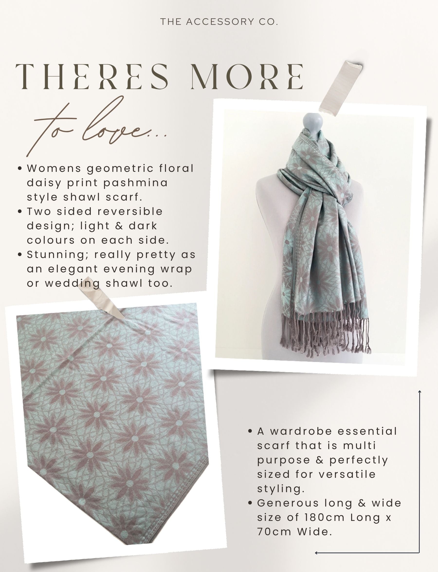 LARGE PASTEL BLUE FLORAL DAISY PRINT GEOMETRIC REVERSIBLE PASHMINA SHAWL SCARF - A-SHU.CO.UK