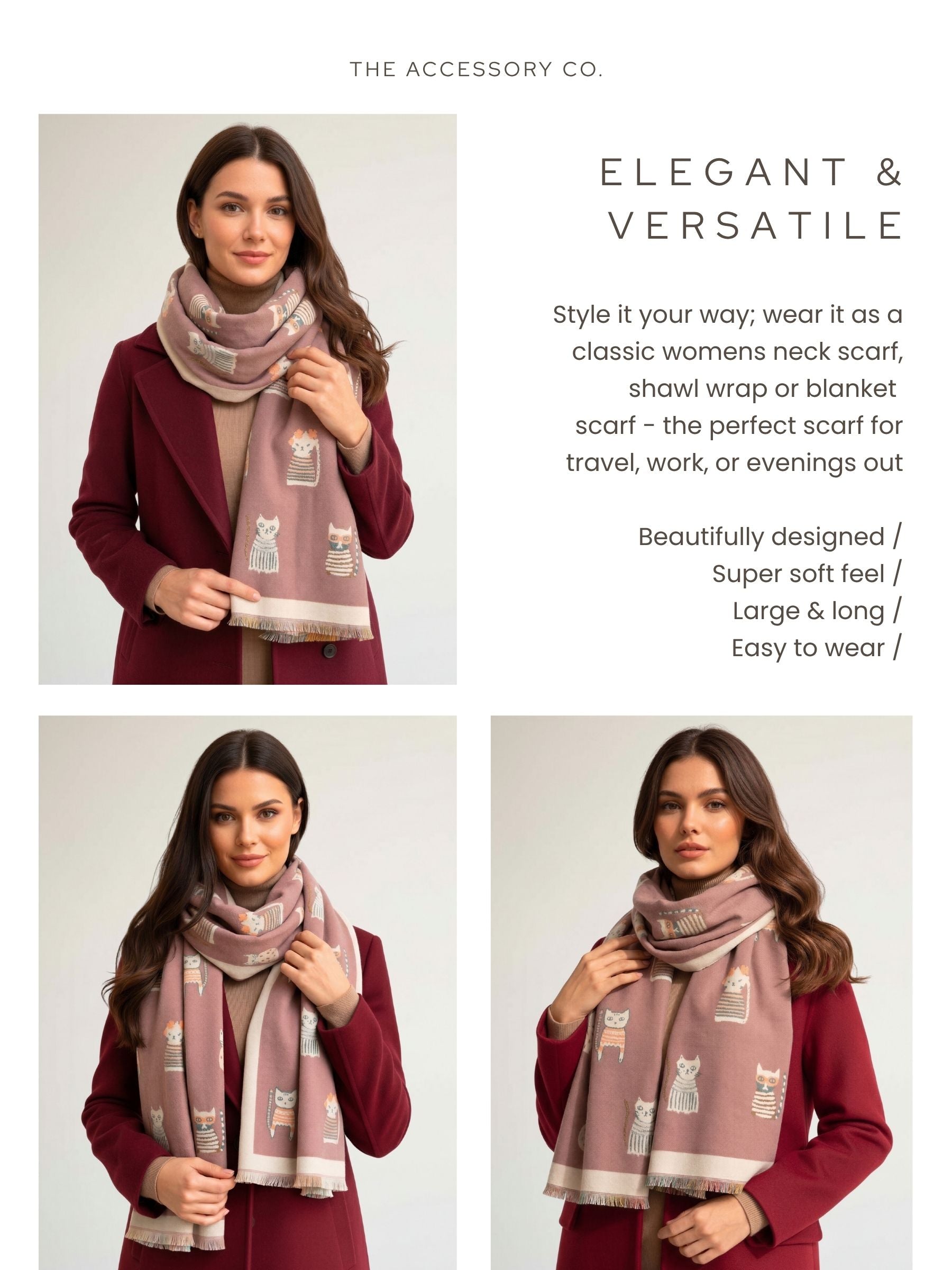 LARGE PINK CAT THICK REVERSIBLE WINTER SHAWL BLANKET SCARF