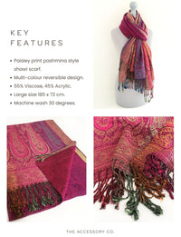 LARGE PINK RAINBOW MULTI COLOUR PAISLEY PRINT PASHMINA SHAWL SCARF
