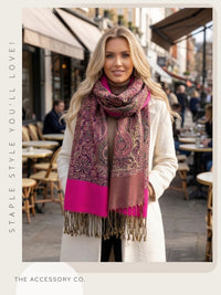 LARGE PLAIN FUCHSIA PINK REVERSIBLE MULTI COLOUR PAISLEY PRINT PASHMINA SHAWL SCARF WRAP - A-SHU.CO.UK