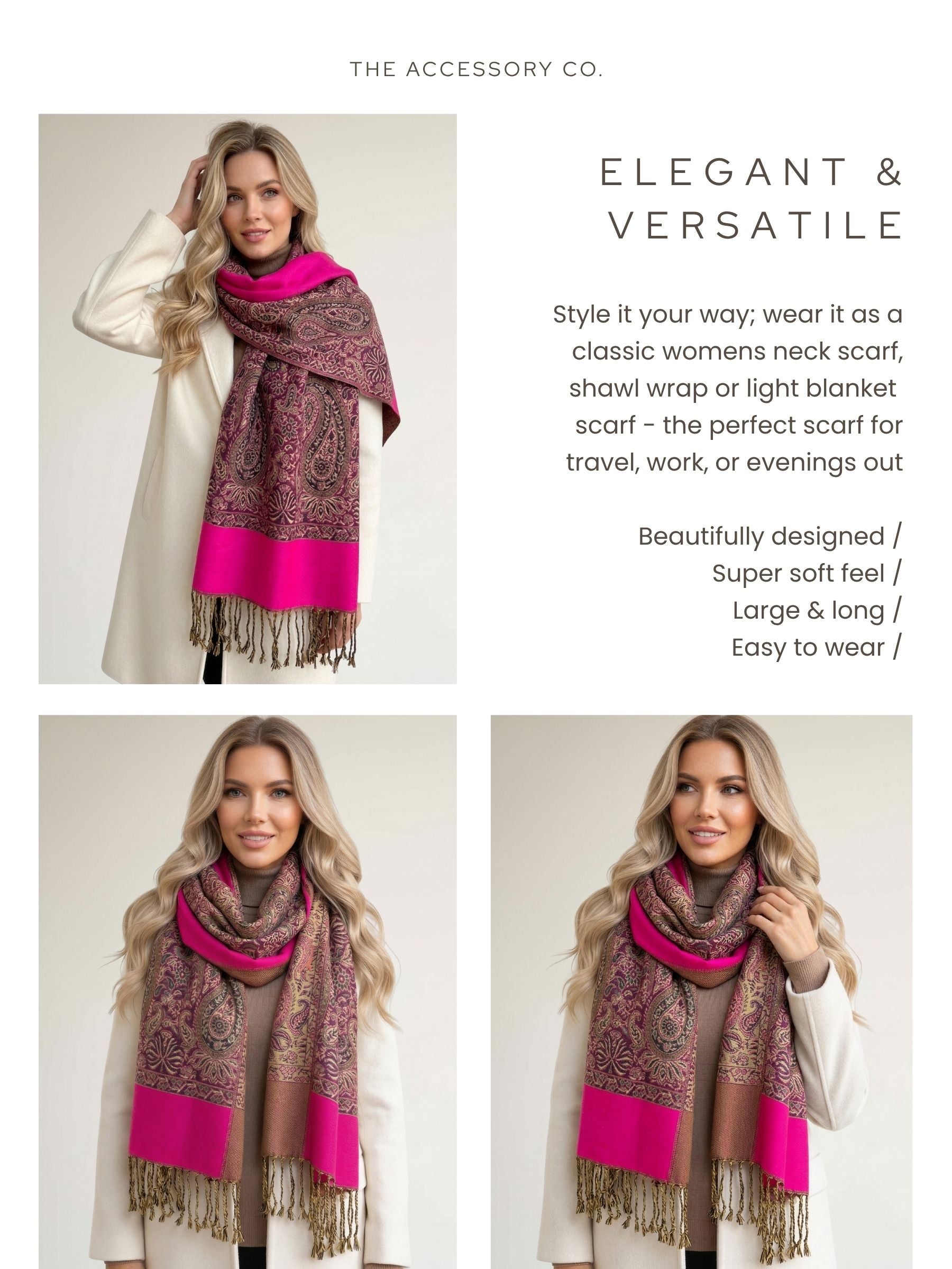 LARGE PLAIN FUCHSIA PINK REVERSIBLE MULTI COLOUR PAISLEY PRINT PASHMINA SHAWL SCARF WRAP - A-SHU.CO.UK