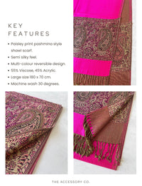 LARGE PLAIN FUCHSIA PINK REVERSIBLE MULTI COLOUR PAISLEY PRINT PASHMINA SHAWL SCARF WRAP - A-SHU.CO.UK
