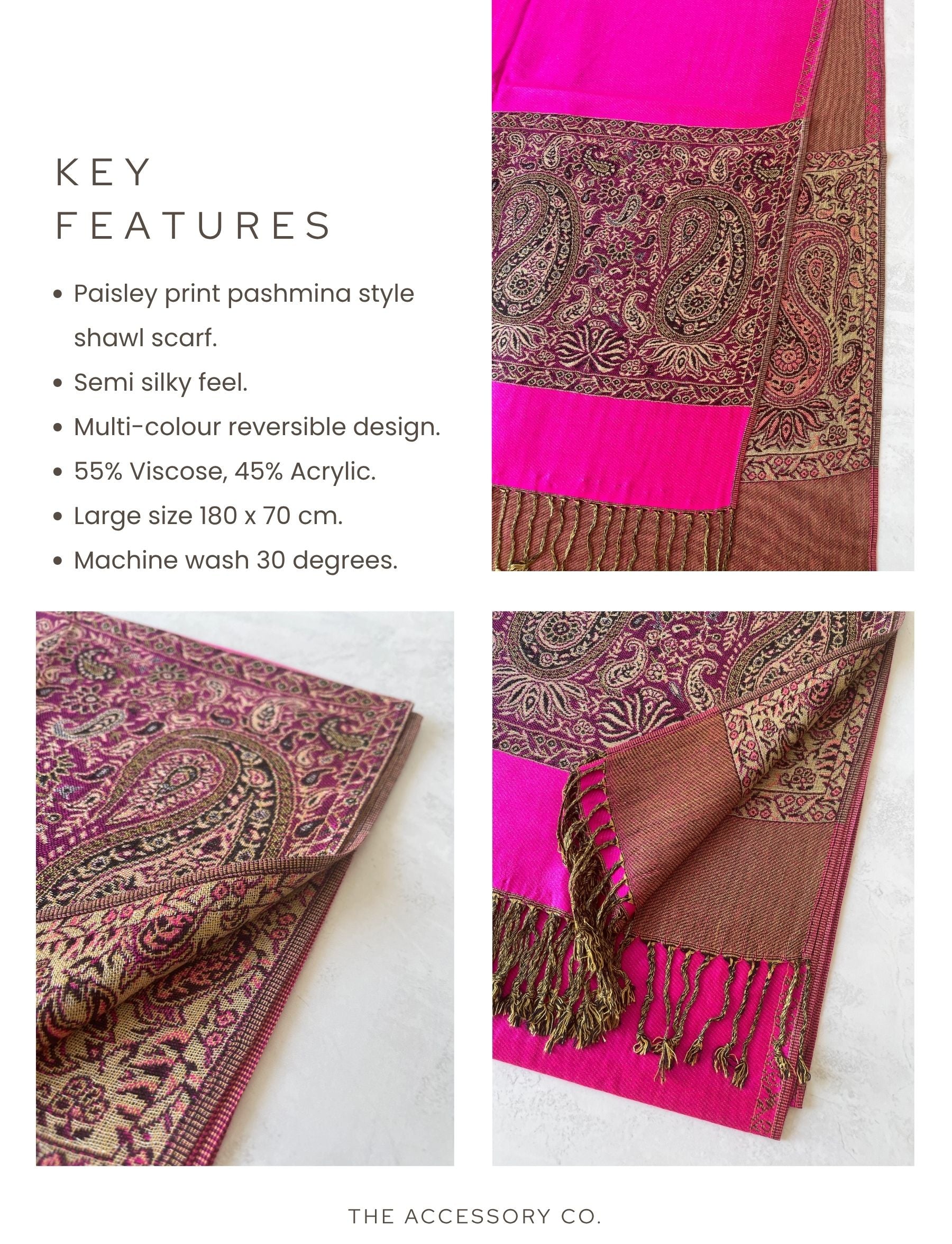 LARGE PLAIN FUCHSIA PINK REVERSIBLE MULTI COLOUR PAISLEY PRINT PASHMINA SHAWL SCARF WRAP - A-SHU.CO.UK