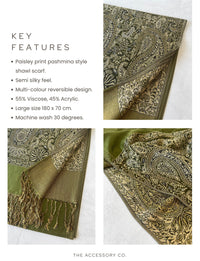 LARGE PLAIN GREEN REVERSIBLE MULTI COLOUR PAISLEY PRINT PASHMINA SHAWL SCARF WRAP - A-SHU.CO.UK
