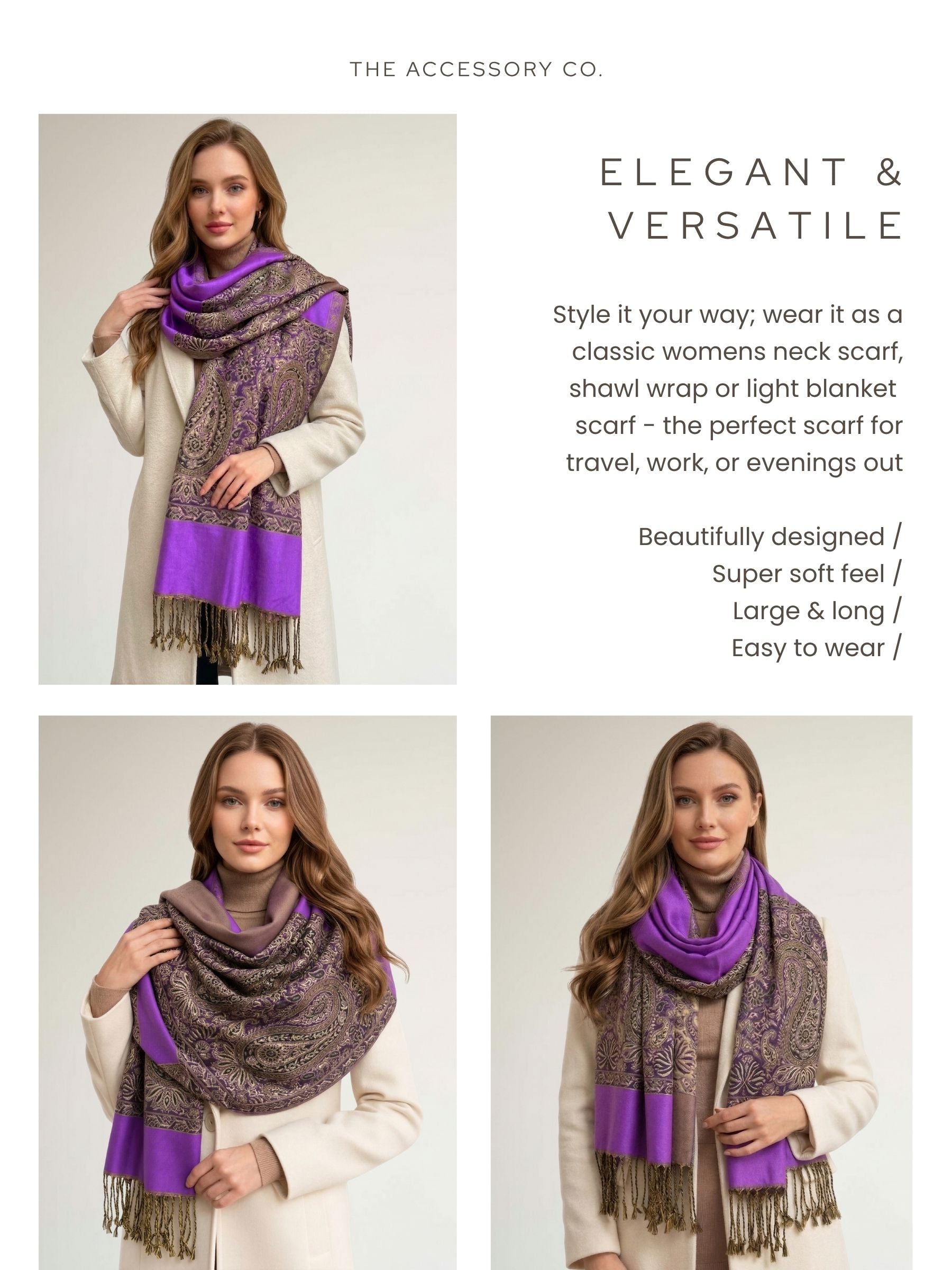 LARGE PLAIN PURPLE REVERSIBLE MULTI COLOUR PAISLEY PRINT PASHMINA SHAWL SCARF WRAP - A-SHU.CO.UK