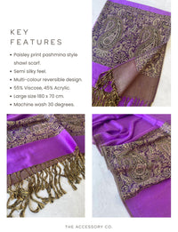 LARGE PLAIN PURPLE REVERSIBLE MULTI COLOUR PAISLEY PRINT PASHMINA SHAWL SCARF WRAP - A-SHU.CO.UK