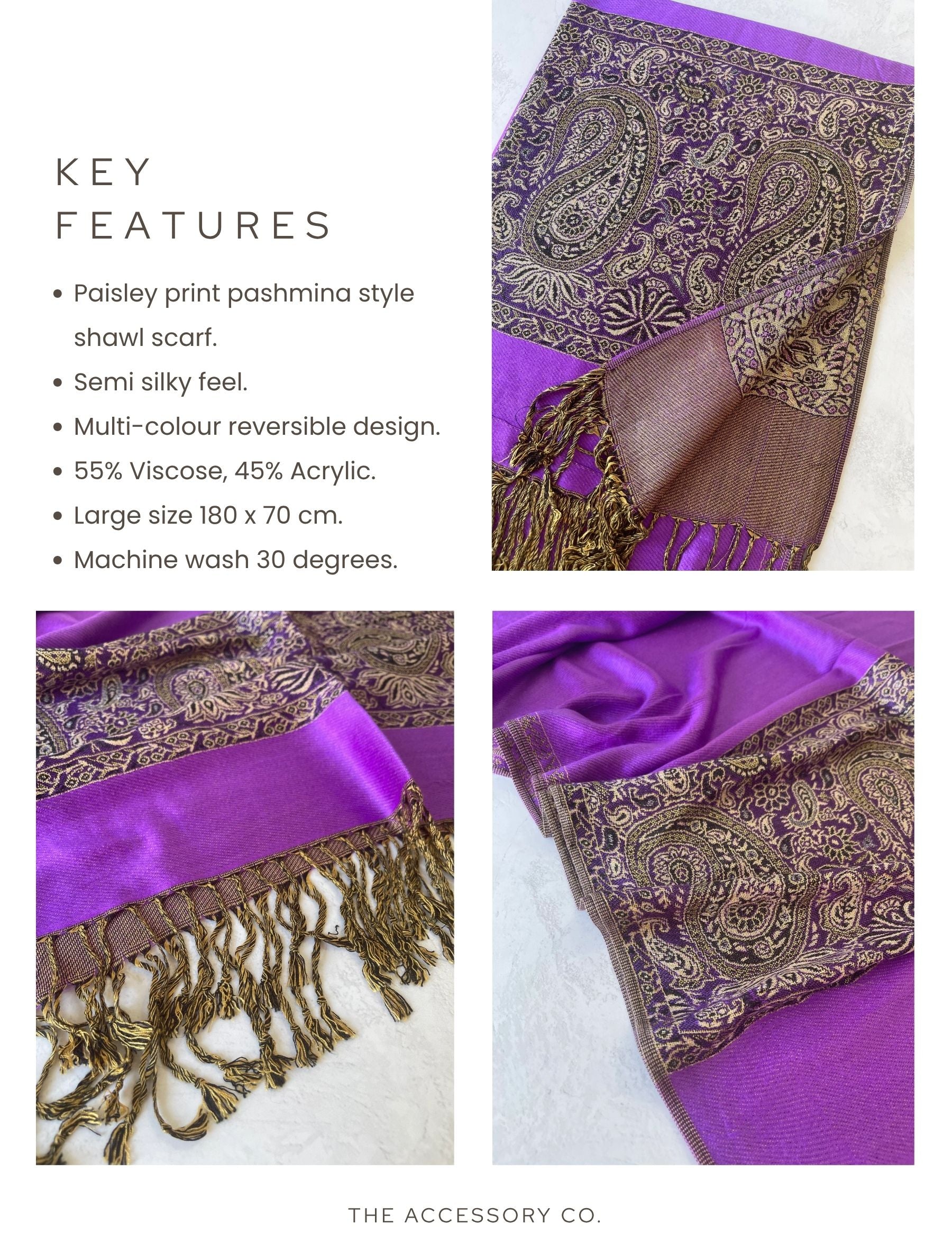 LARGE PLAIN PURPLE REVERSIBLE MULTI COLOUR PAISLEY PRINT PASHMINA SHAWL SCARF WRAP - A-SHU.CO.UK