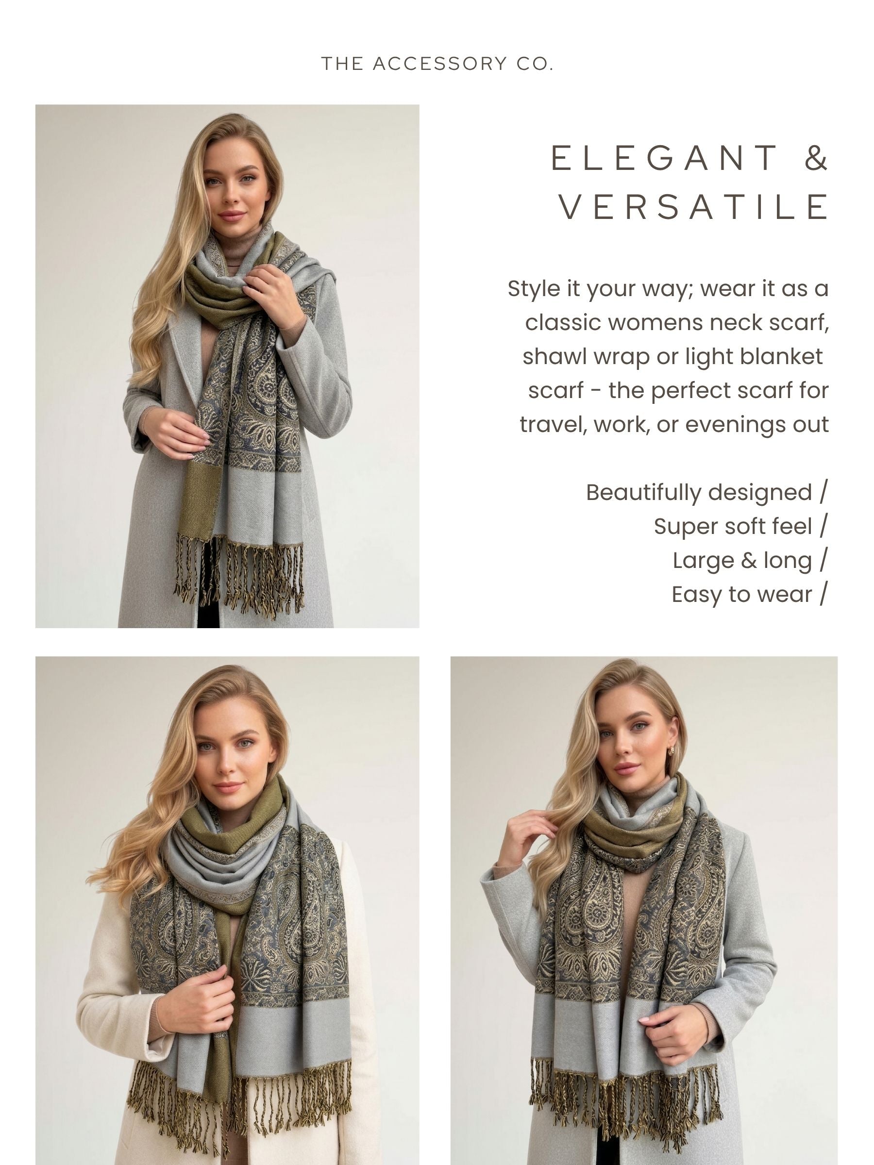 LARGE PLAIN SILVER REVERSIBLE MULTI COLOUR PAISLEY PRINT PASHMINA SHAWL SCARF WRAP - A-SHU.CO.UK