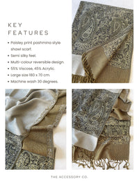 LARGE PLAIN SILVER REVERSIBLE MULTI COLOUR PAISLEY PRINT PASHMINA SHAWL SCARF WRAP - A-SHU.CO.UK