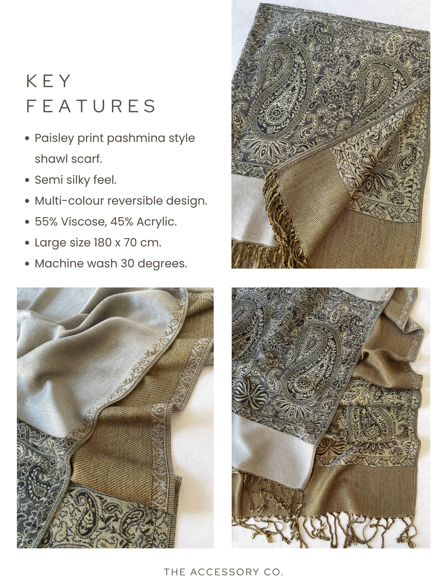 LARGE PLAIN SILVER REVERSIBLE MULTI COLOUR PAISLEY PRINT PASHMINA SHAWL SCARF WRAP - A-SHU.CO.UK