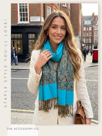 LARGE PLAIN TEAL BLUE REVERSIBLE MULTI COLOUR PAISLEY PRINT PASHMINA SHAWL SCARF WRAP - A-SHU.CO.UK