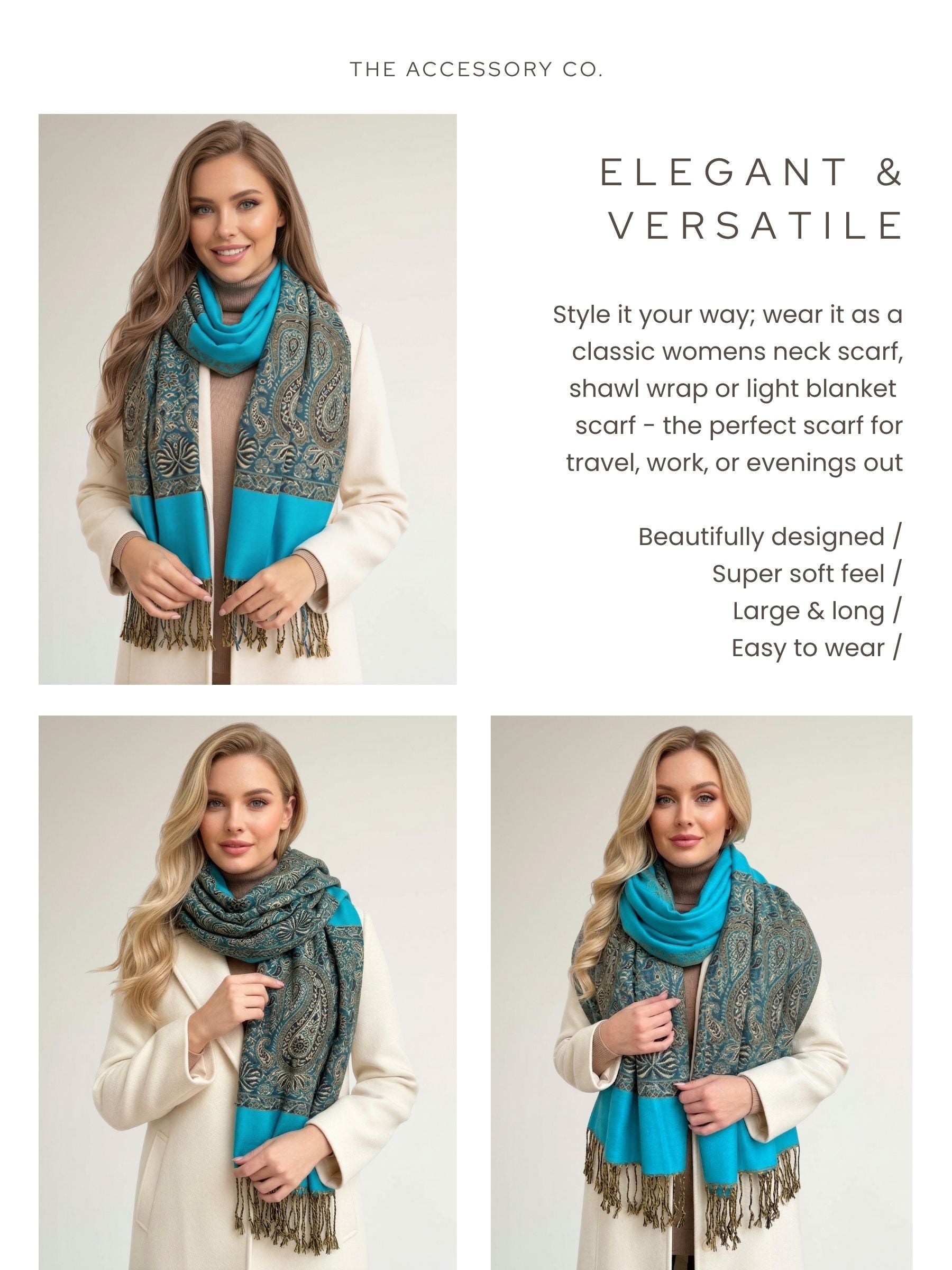 LARGE PLAIN TEAL BLUE REVERSIBLE MULTI COLOUR PAISLEY PRINT PASHMINA SHAWL SCARF WRAP - A-SHU.CO.UK