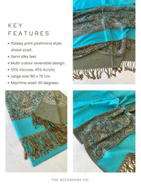 LARGE PLAIN TEAL BLUE REVERSIBLE MULTI COLOUR PAISLEY PRINT PASHMINA SHAWL SCARF WRAP - A-SHU.CO.UK