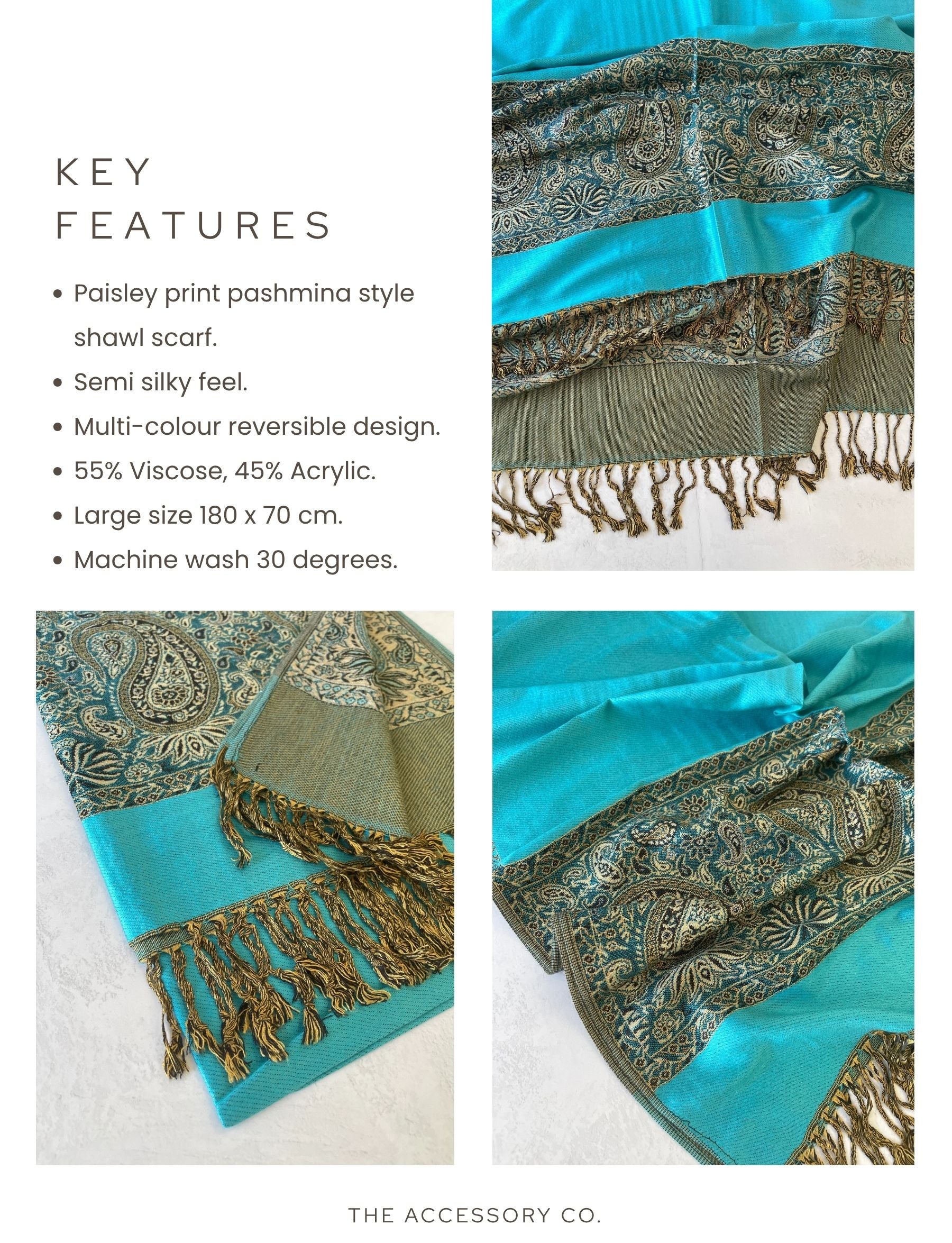 LARGE PLAIN TEAL BLUE REVERSIBLE MULTI COLOUR PAISLEY PRINT PASHMINA SHAWL SCARF WRAP - A-SHU.CO.UK
