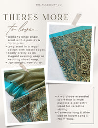 LARGE PLAIN TEAL BLUE REVERSIBLE MULTI COLOUR PAISLEY PRINT PASHMINA SHAWL SCARF WRAP - A-SHU.CO.UK