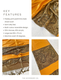 LARGE PLAIN YELLOW REVERSIBLE MULTI COLOUR PAISLEY PRINT PASHMINA SHAWL SCARF WRAP - A-SHU.CO.UK