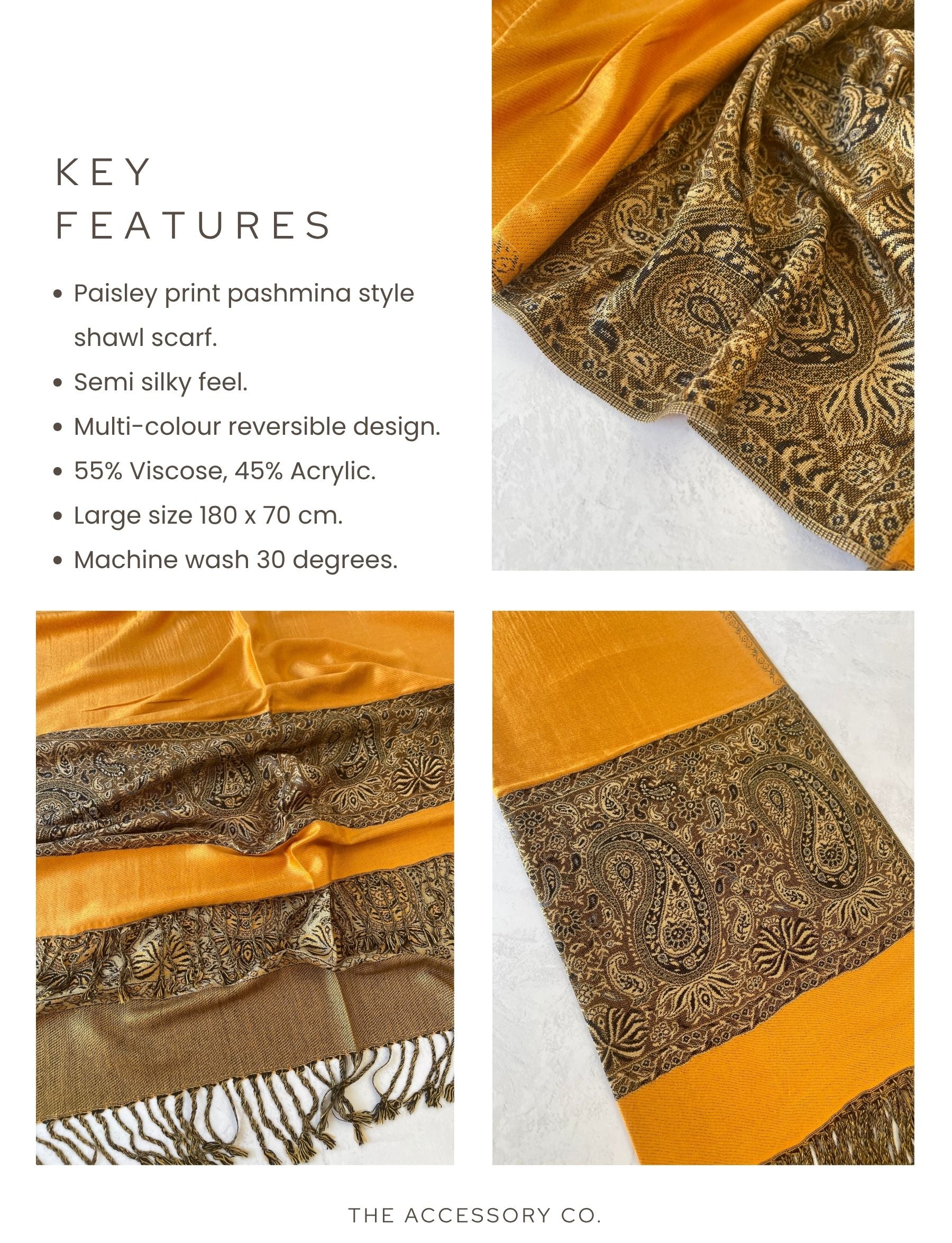 LARGE PLAIN YELLOW REVERSIBLE MULTI COLOUR PAISLEY PRINT PASHMINA SHAWL SCARF WRAP - A-SHU.CO.UK