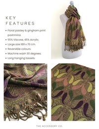 LARGE PURPLE GINGHAM PAISLEY PRINT REVERSIBLE PASHMINA SHAWL SCARF - A-SHU.CO.UK