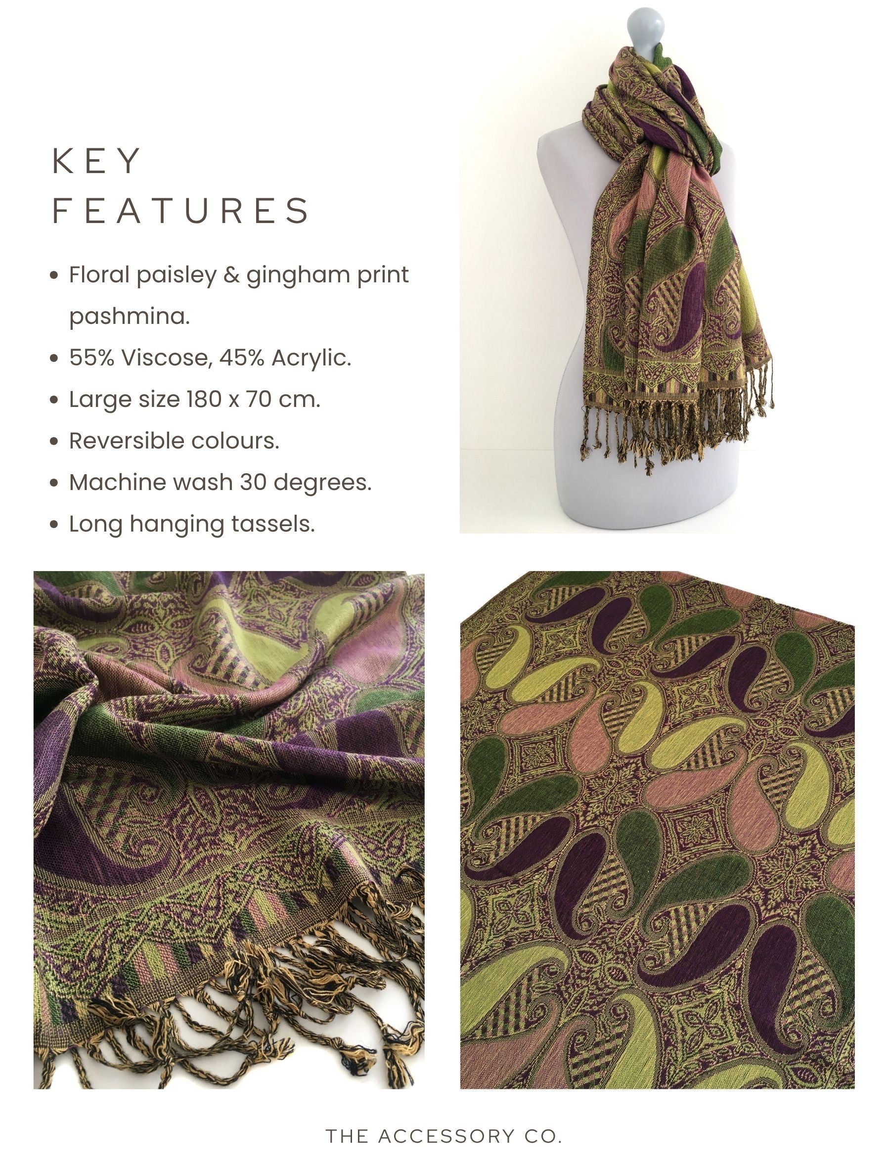 LARGE PURPLE GINGHAM PAISLEY PRINT REVERSIBLE PASHMINA SHAWL SCARF - A-SHU.CO.UK