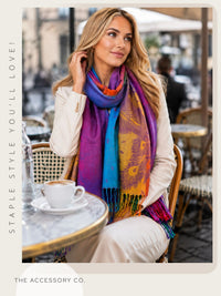 LARGE PURPLE RAINBOW FEATHER AND LEAF PRINT PASHMINA SHAWL SCARF