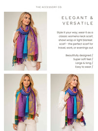 LARGE PURPLE RAINBOW FEATHER AND LEAF PRINT PASHMINA SHAWL SCARF