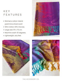 LARGE PURPLE RAINBOW FEATHER AND LEAF PRINT PASHMINA SHAWL SCARF