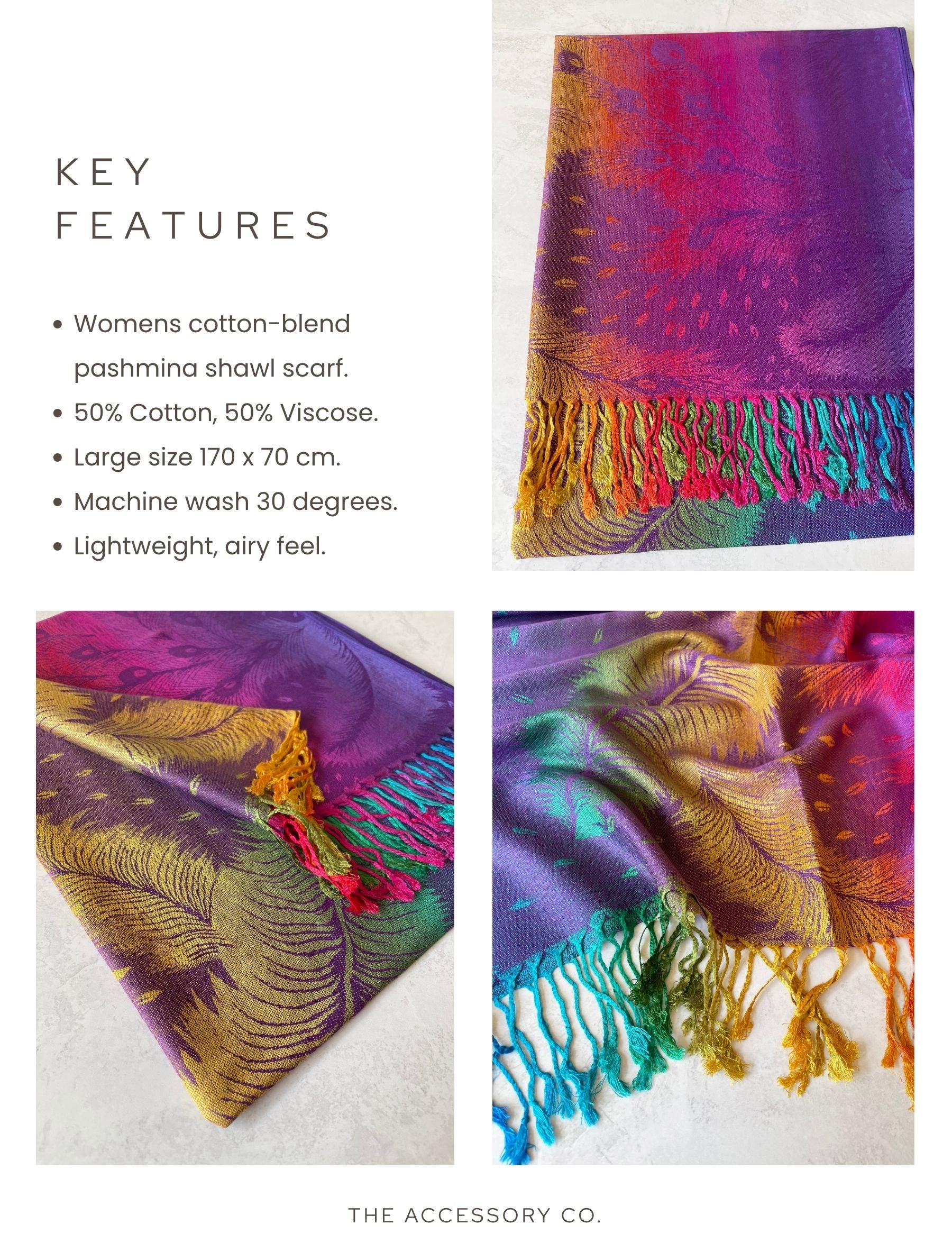 LARGE PURPLE RAINBOW FEATHER AND LEAF PRINT PASHMINA SHAWL SCARF