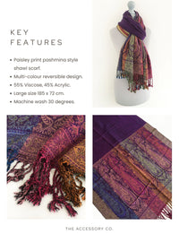 LARGE PURPLE RAINBOW MULTI COLOUR PAISLEY PRINT PASHMINA SHAWL SCARF - A-SHU.CO.UK