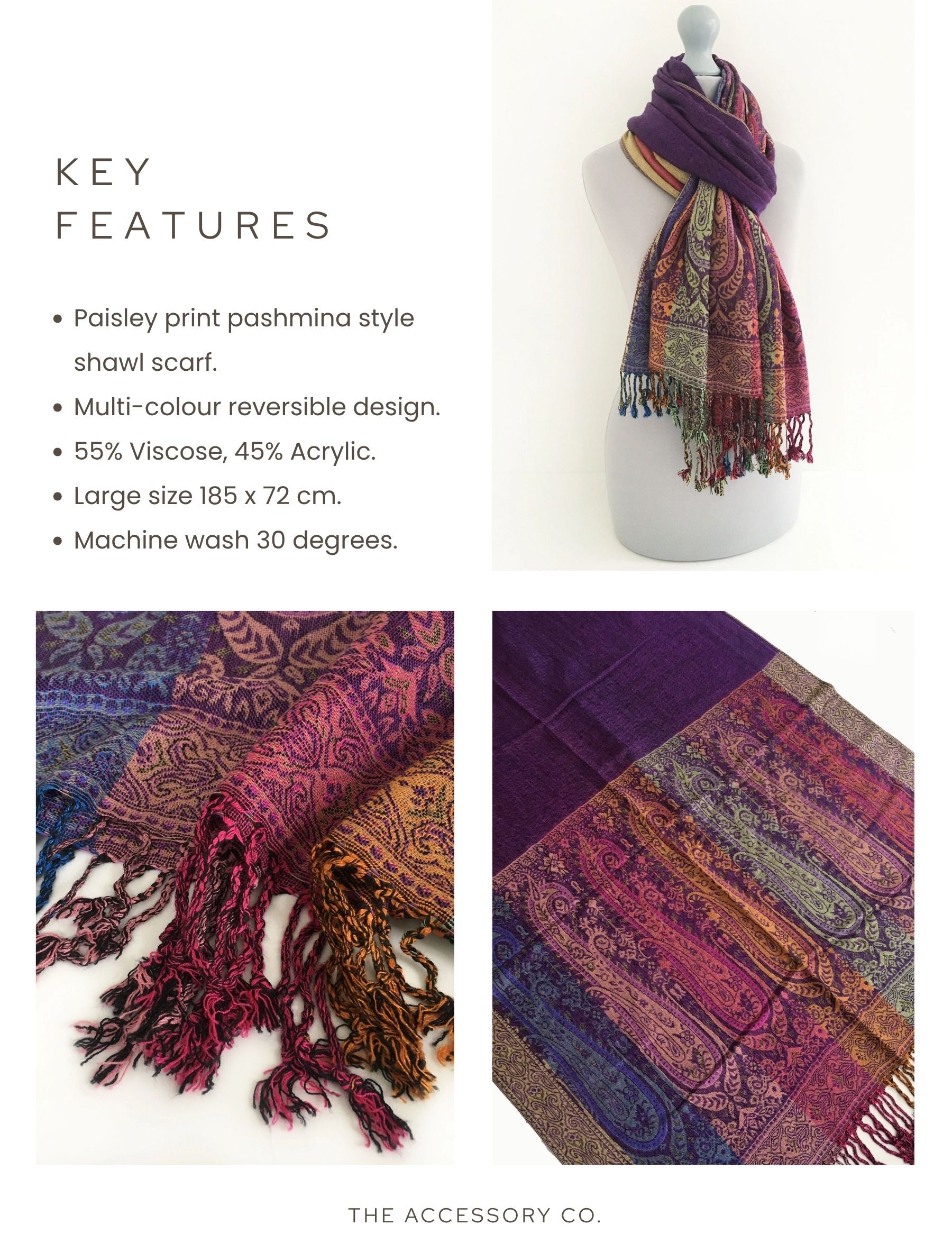 LARGE PURPLE RAINBOW MULTI COLOUR PAISLEY PRINT PASHMINA SHAWL SCARF - A-SHU.CO.UK