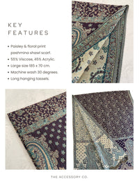 LARGE PURPLE REVERSIBLE MULTI COLOUR PAISLEY PRINT PASHMINA SHAWL SCARF WRAP - A-SHU.CO.UK