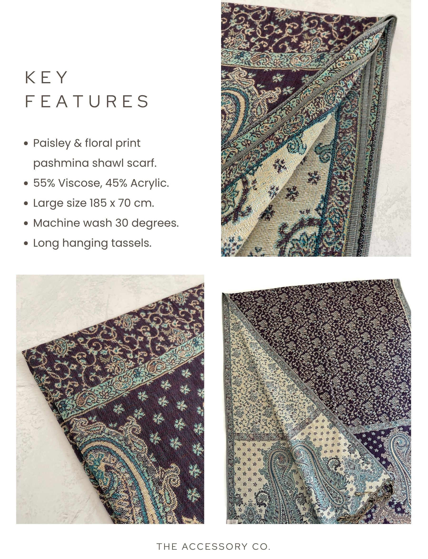 LARGE PURPLE REVERSIBLE MULTI COLOUR PAISLEY PRINT PASHMINA SHAWL SCARF WRAP - A-SHU.CO.UK