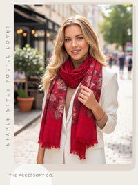 LARGE RED FLORAL PRINT SILKY FEEL PASHMINA SHAWL SCARF - A-SHU.CO.UK
