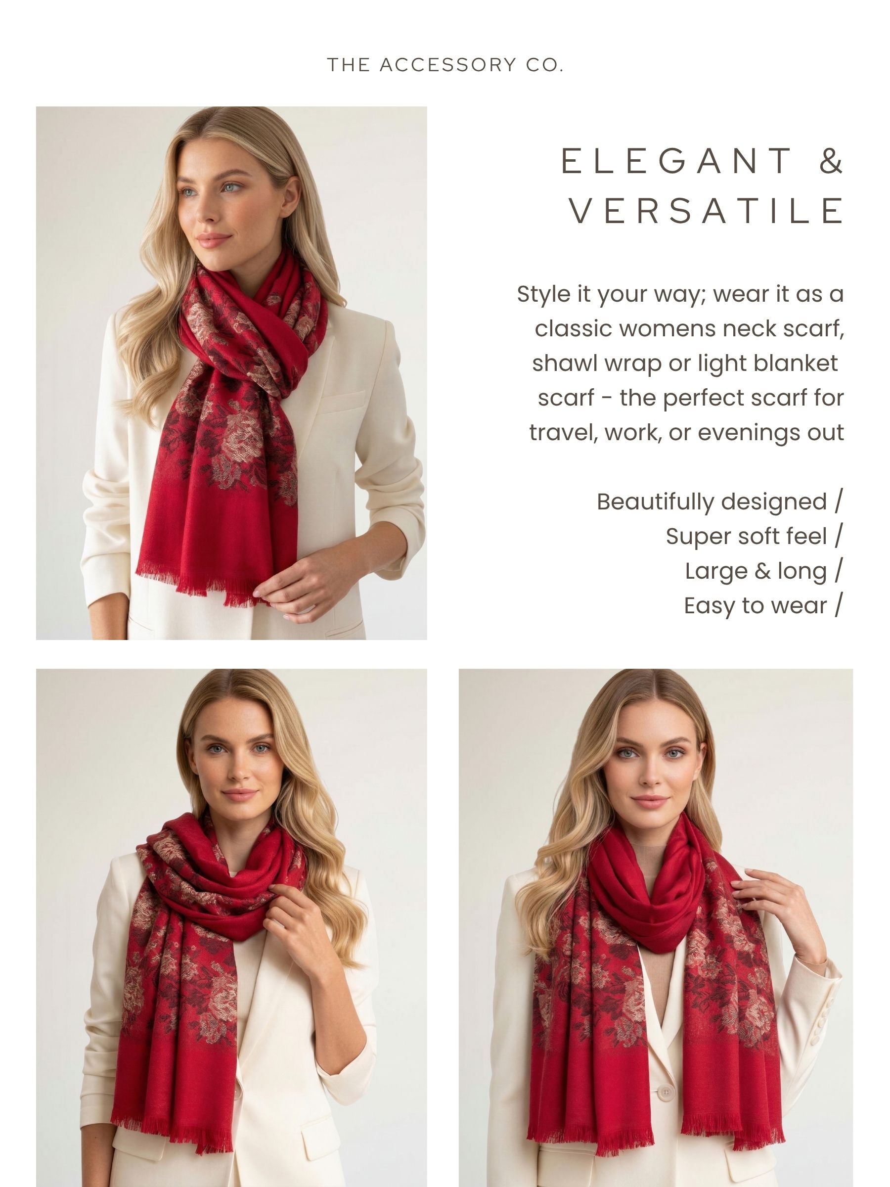 LARGE RED FLORAL PRINT SILKY FEEL PASHMINA SHAWL SCARF - A-SHU.CO.UK