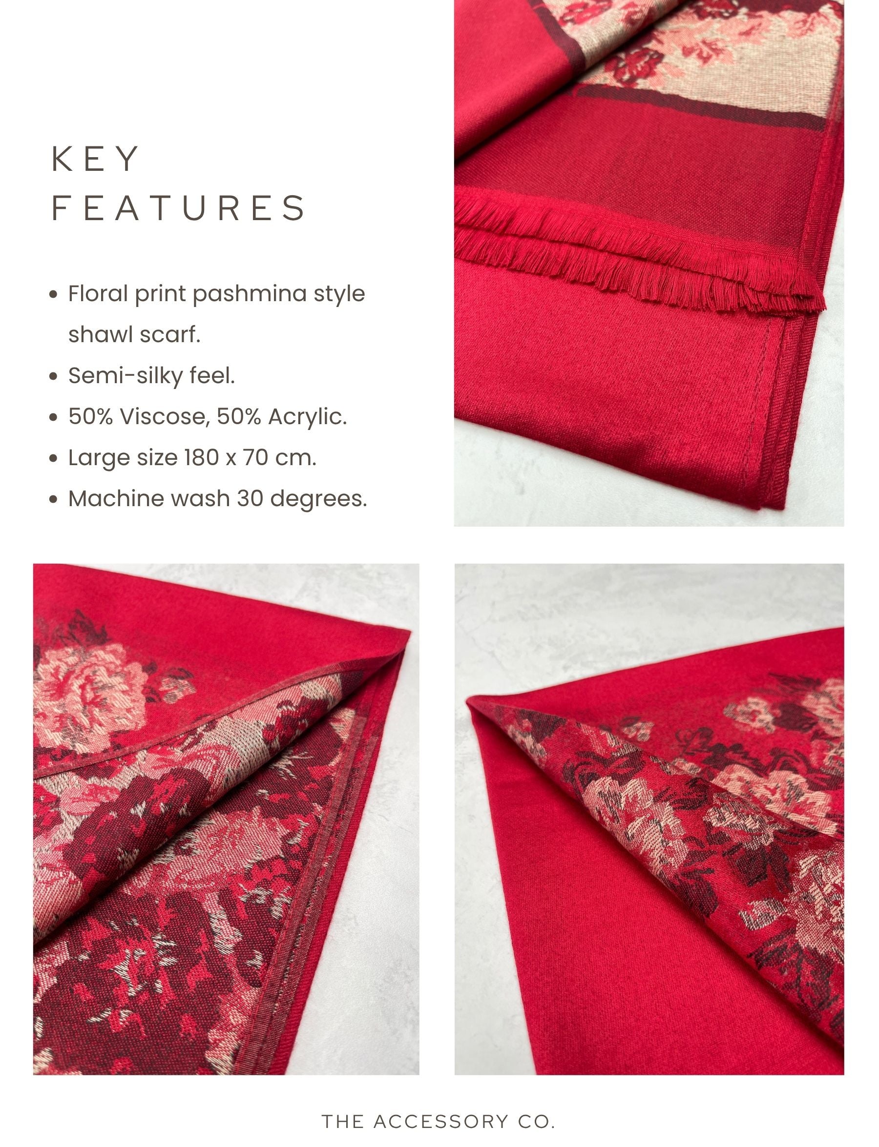 LARGE RED FLORAL PRINT SILKY FEEL PASHMINA SHAWL SCARF - A-SHU.CO.UK