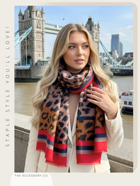 LARGE RED STRIPE LEOPARD PRINT SCARF