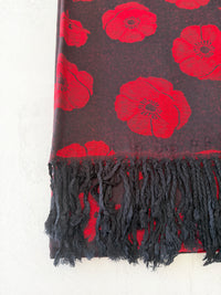 LARGE REVERSIBLE BLACK AND RED POPPY PASHMINA SHAWL SCARF - A-SHU.CO.UK