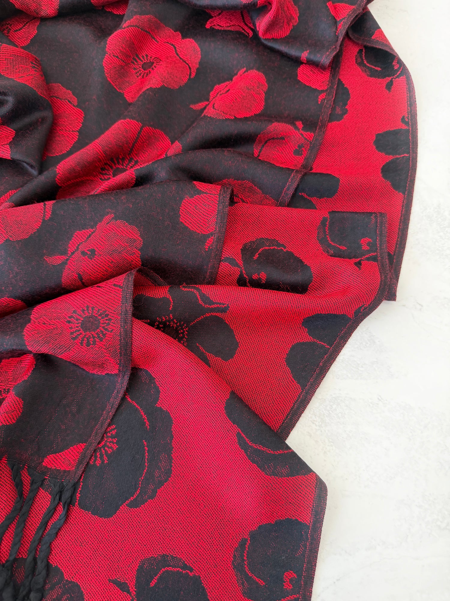 LARGE REVERSIBLE BLACK AND RED POPPY PASHMINA SHAWL SCARF - A-SHU.CO.UK