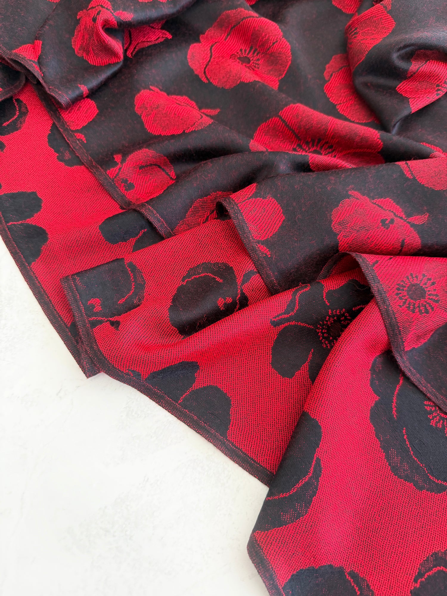 LARGE REVERSIBLE BLACK AND RED POPPY PASHMINA SHAWL SCARF - A-SHU.CO.UK