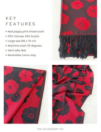 LARGE REVERSIBLE BLACK AND RED POPPY PASHMINA SHAWL SCARF - A-SHU.CO.UK